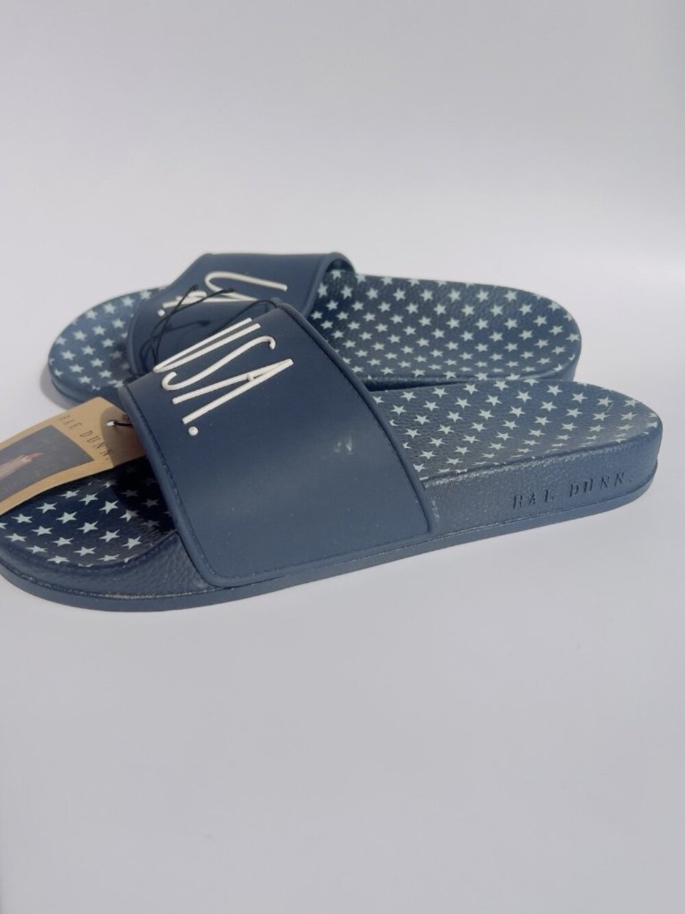 Rae Dunn Womens  Sandals Slides "USA" Navy  Blue White Stars Size 7 Brand New - Picture 7 of 7